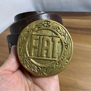 VTG FIAT 1970s Auto & Car Company Solid Brass Sz 34 Baron Belt Buckle Brown Belt
